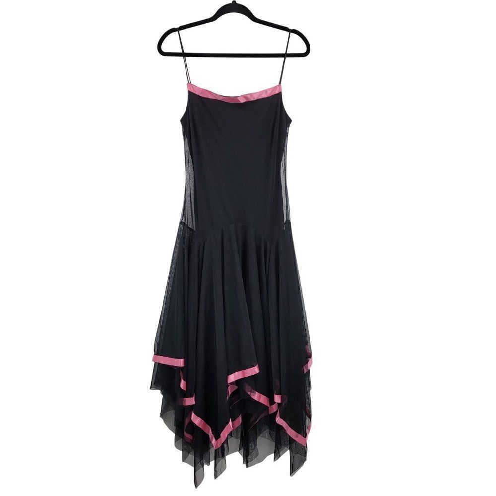 Vintage 90s Midi Dress M Black Mesh Overlay Pink Ribbon Trim Scarf Hem Goth - Picture 3 of 13